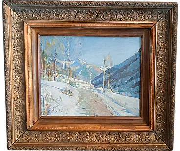 Snowy road by Giuseppe Sobrile, oil on panel, 1930s