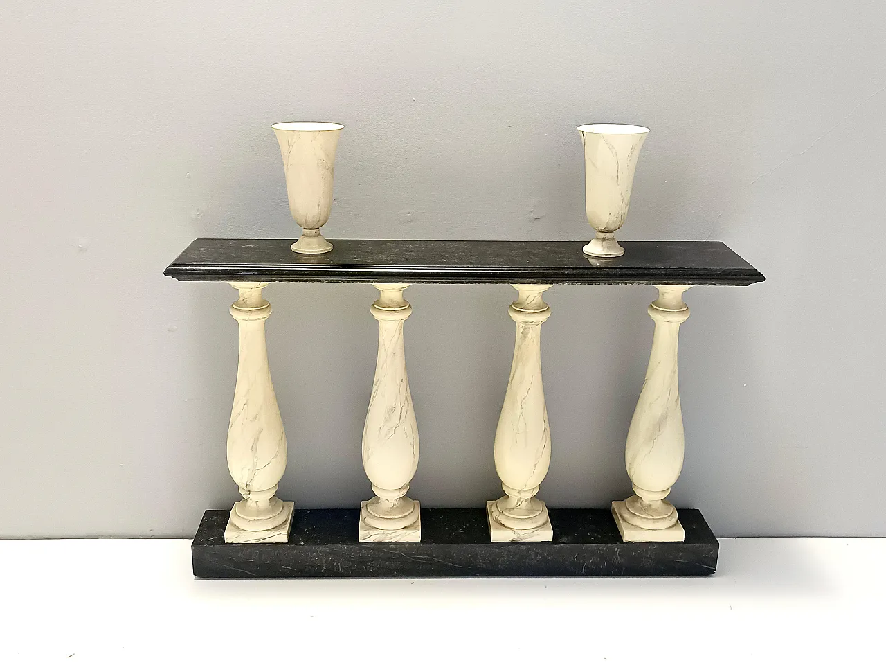 Hand-painted beechwood ivory marble Console, two vases, 1970s 3