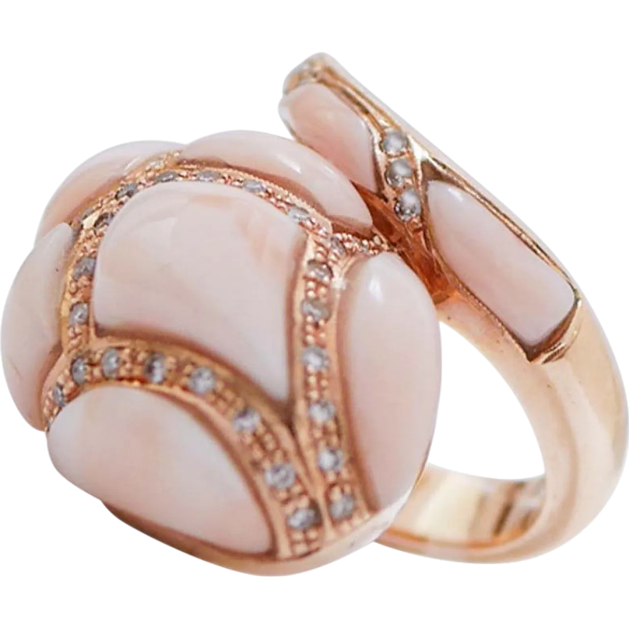 Coral, diamonds, 14 Karat rose gold snake ring, 1950s 8