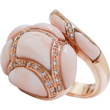 Coral, diamonds, 14 Karat rose gold snake ring, 1950s