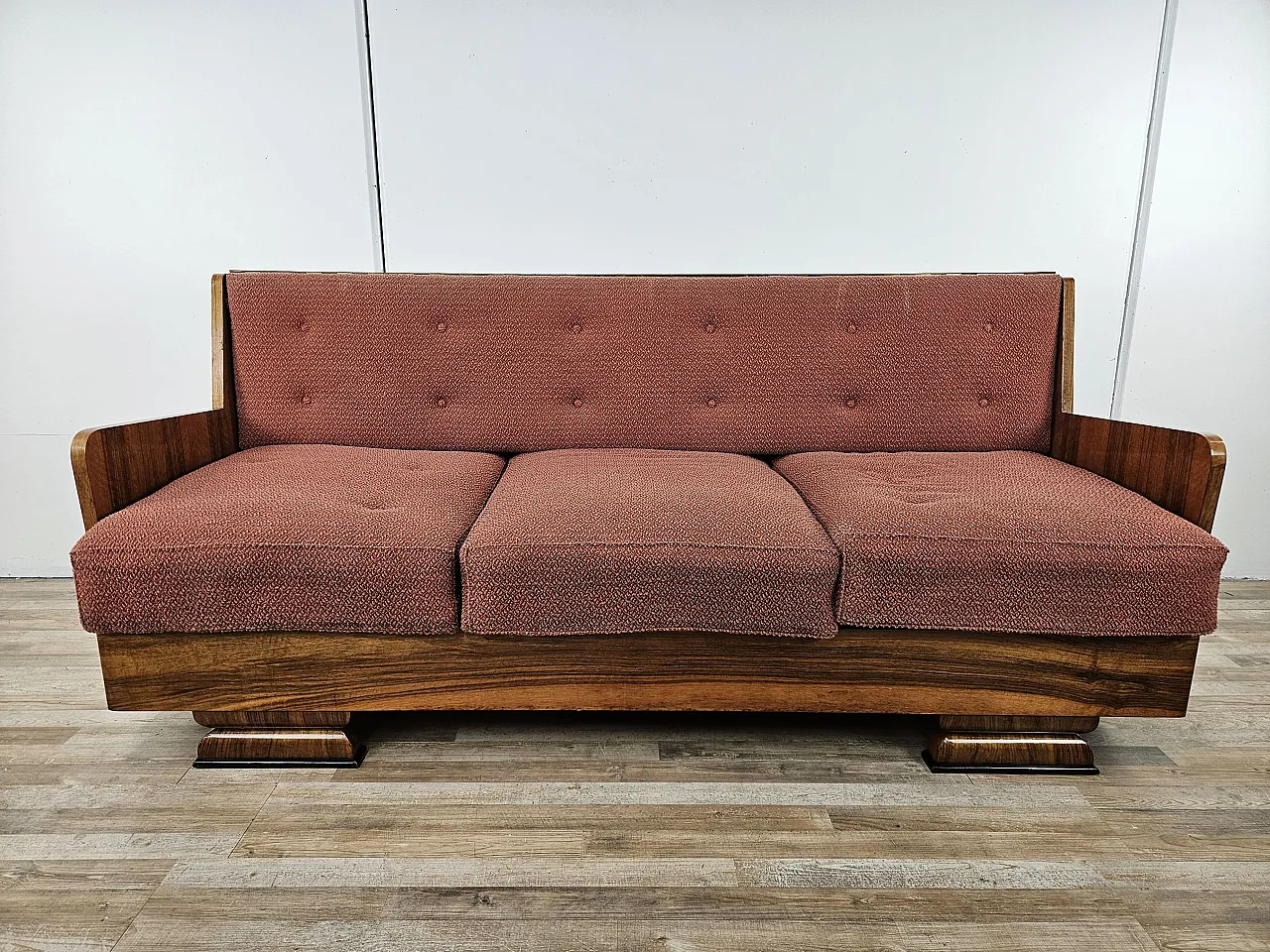 Art Decò sofa in walnut with container and padded cushions, 1940 1