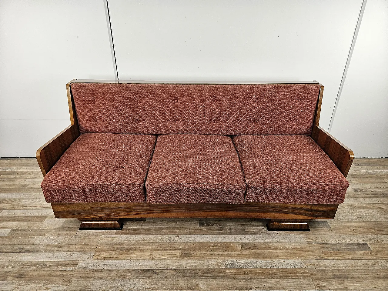 Art Decò sofa in walnut with container and padded cushions, 1940 2