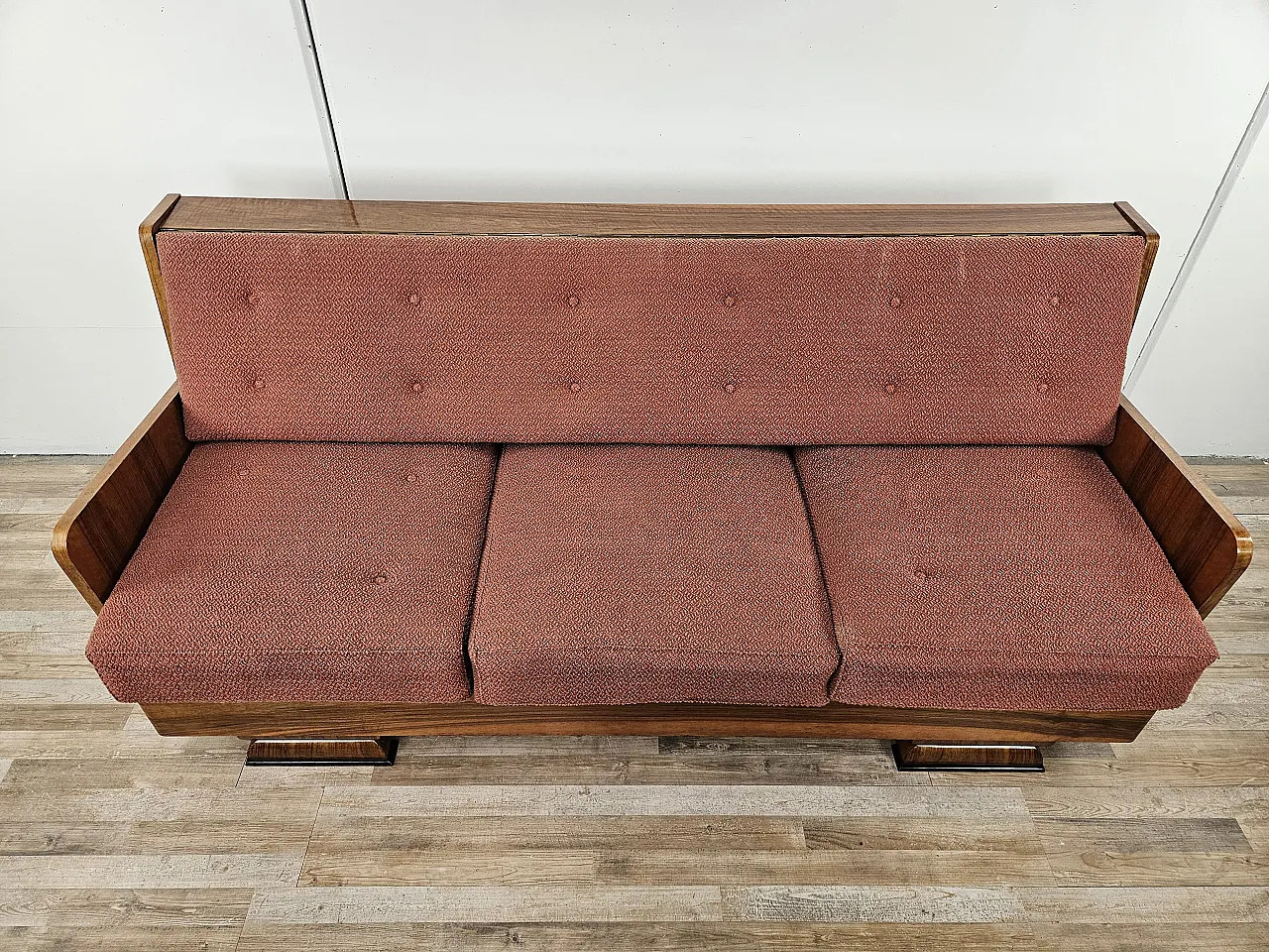 Art Decò sofa in walnut with container and padded cushions, 1940 13