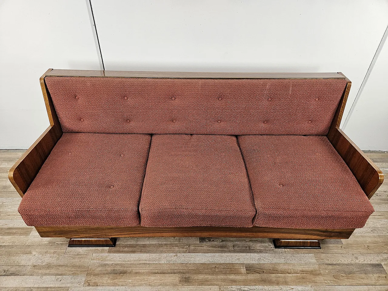 Art Decò sofa in walnut with container and padded cushions, 1940 14