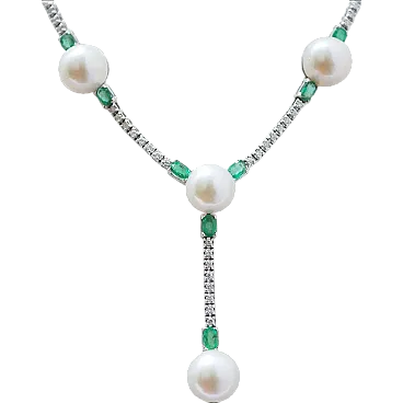 White gold necklace with white pearls, emeralds and diamonds, 1970s