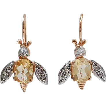 Topaz, diamond, rose gold and silver fly earrings, 1970s