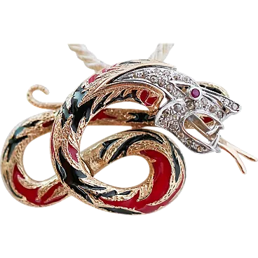 Gold and silver dragon pendant with rubies, diamonds, enamel, 1970s