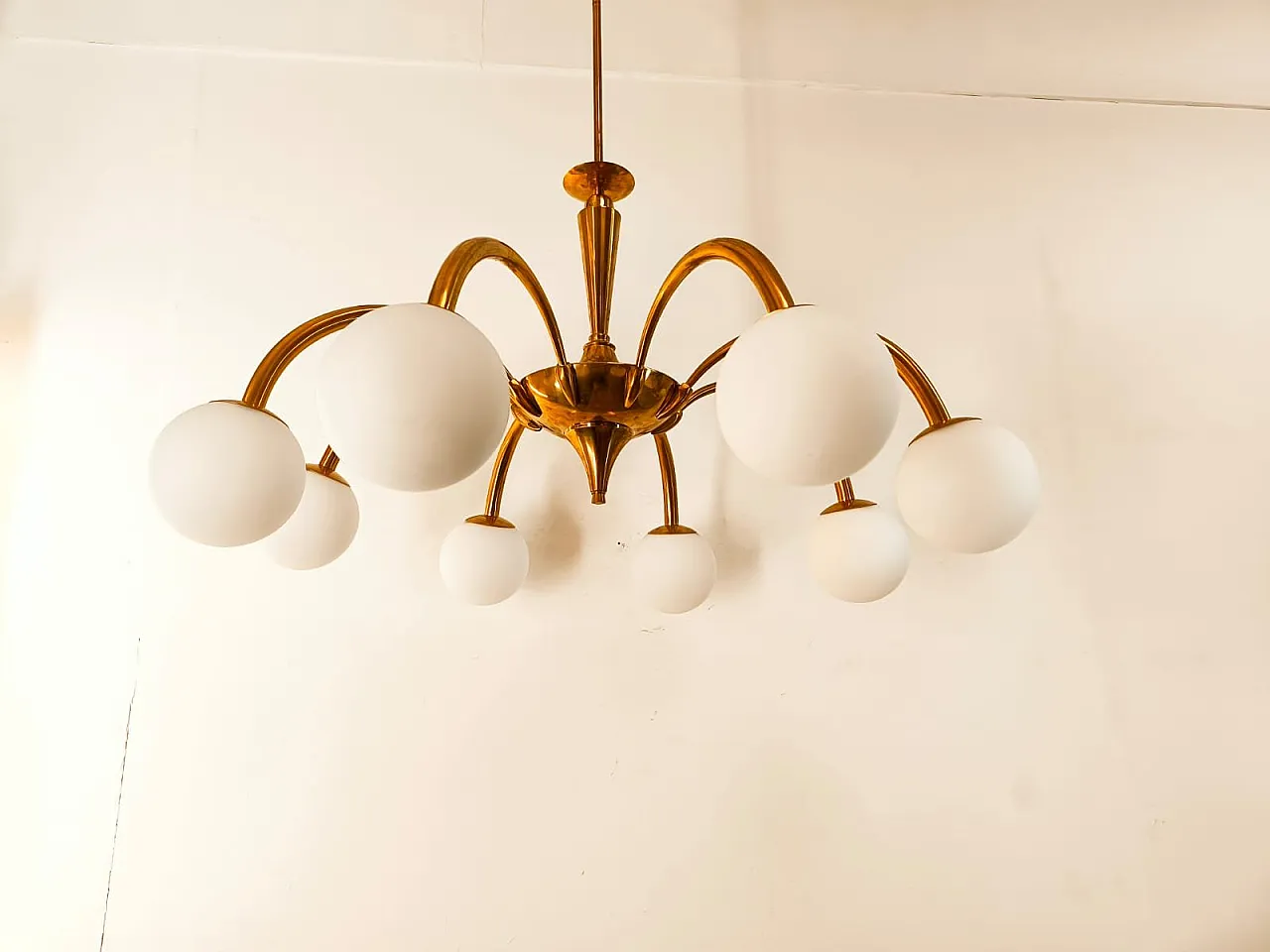 8-Light brass chandelier with glass spheres, 1960s 1