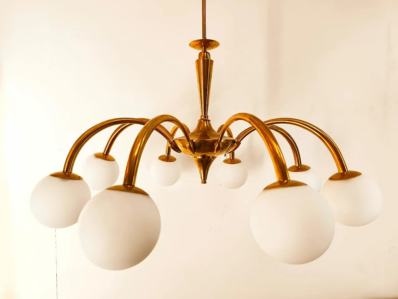 8-Light brass chandelier with glass spheres, 1960s 2