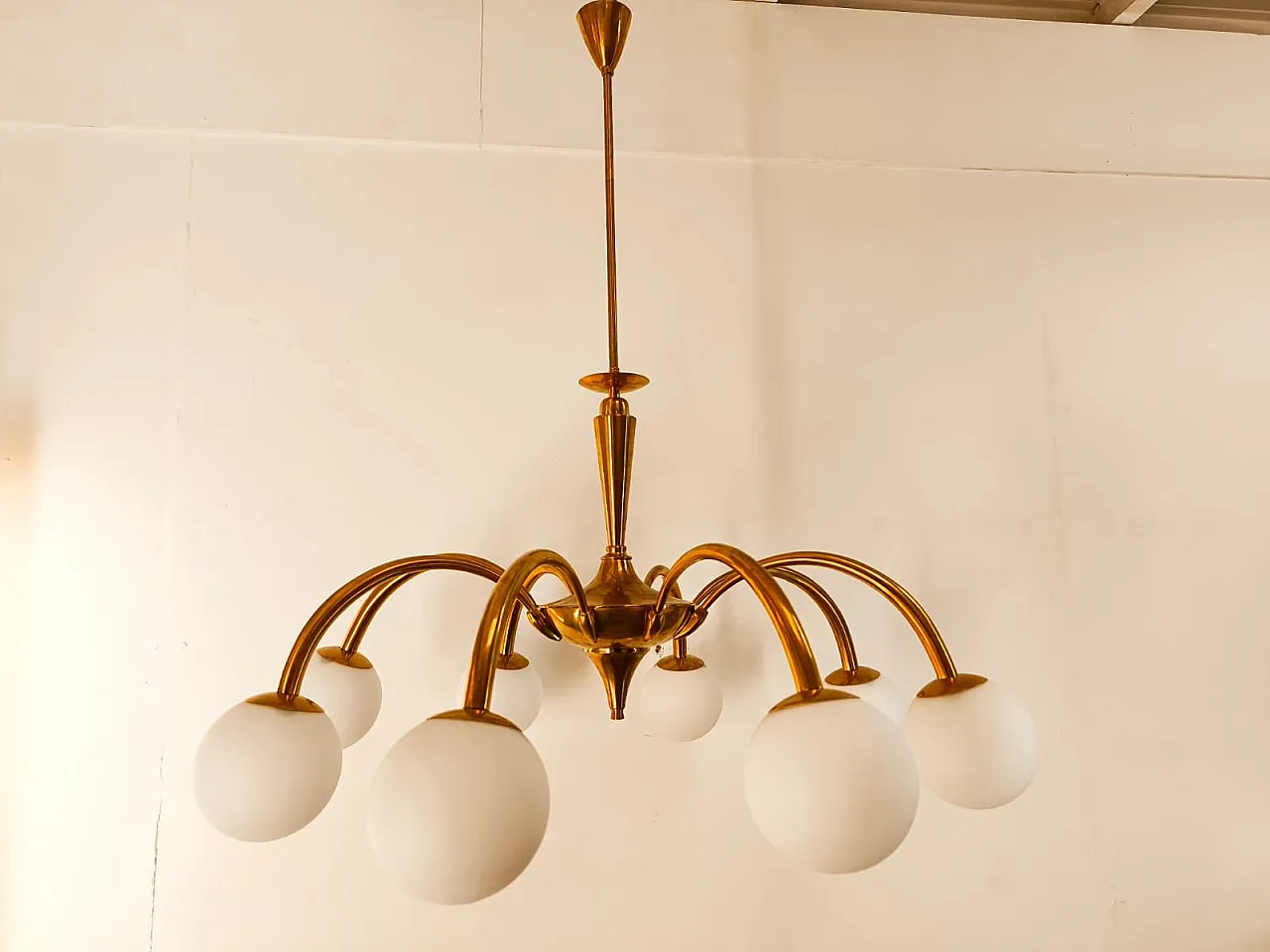 8-Light brass chandelier with glass spheres, 1960s 3