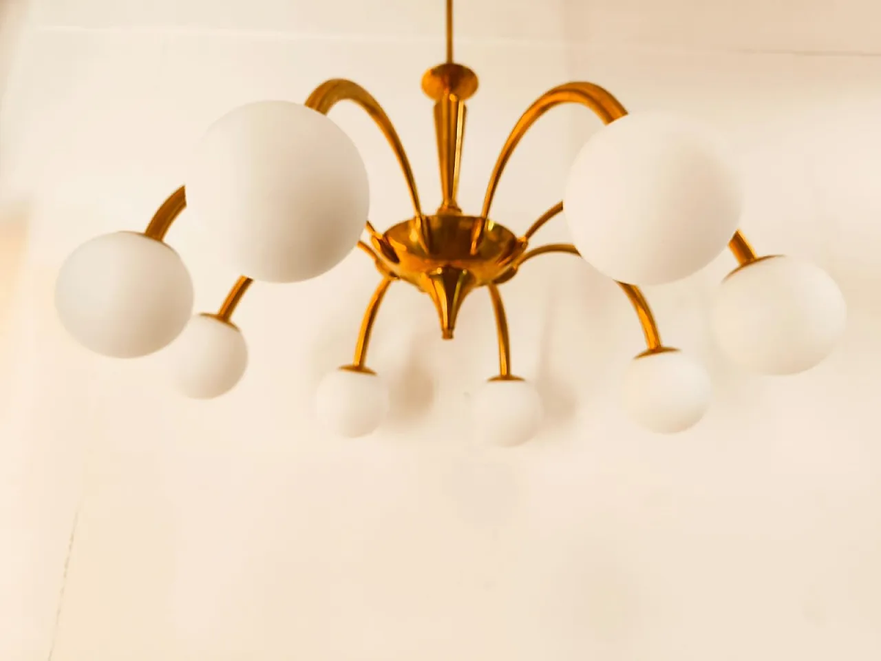 8-Light brass chandelier with glass spheres, 1960s 5