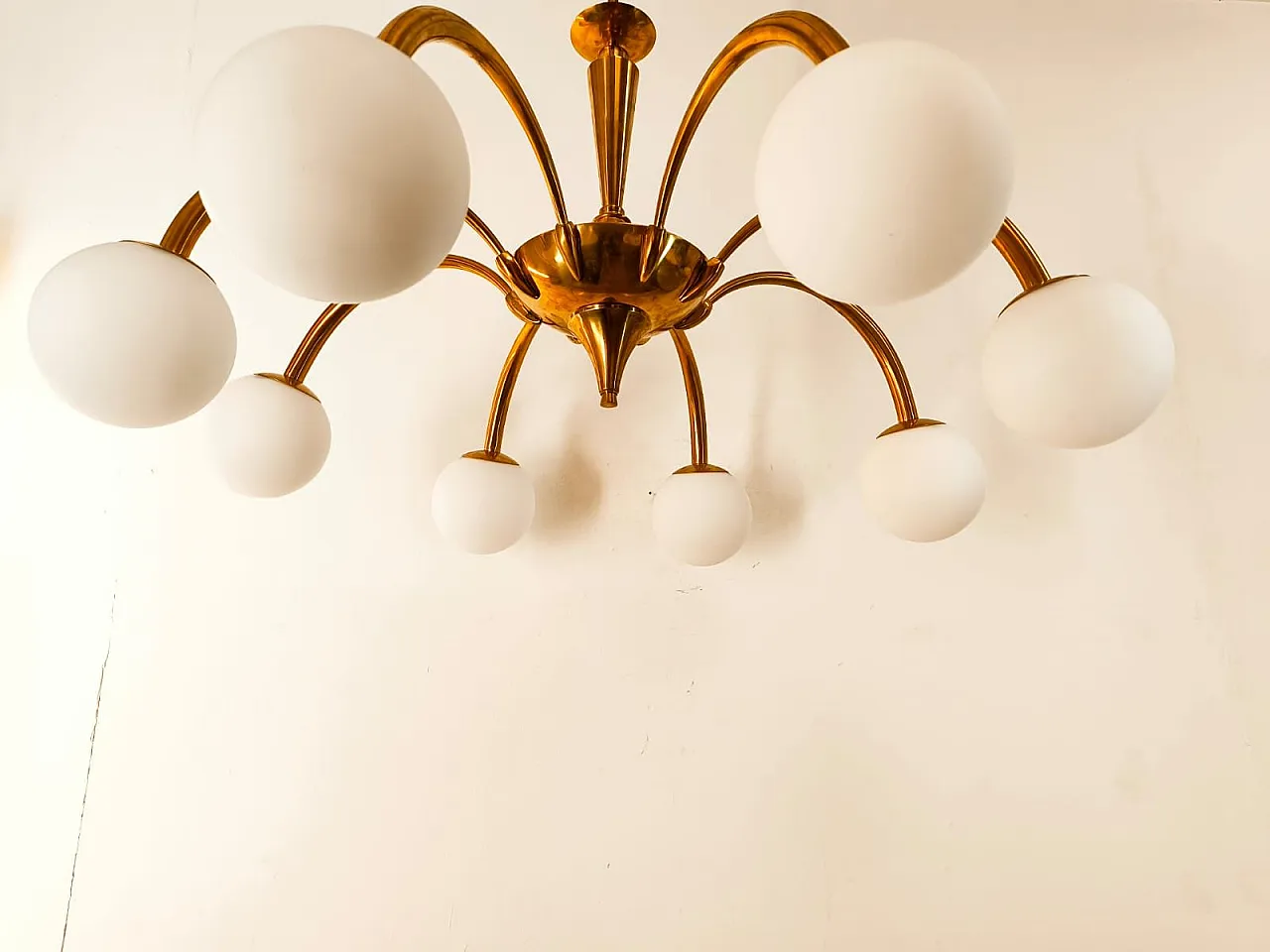 8-Light brass chandelier with glass spheres, 1960s 6