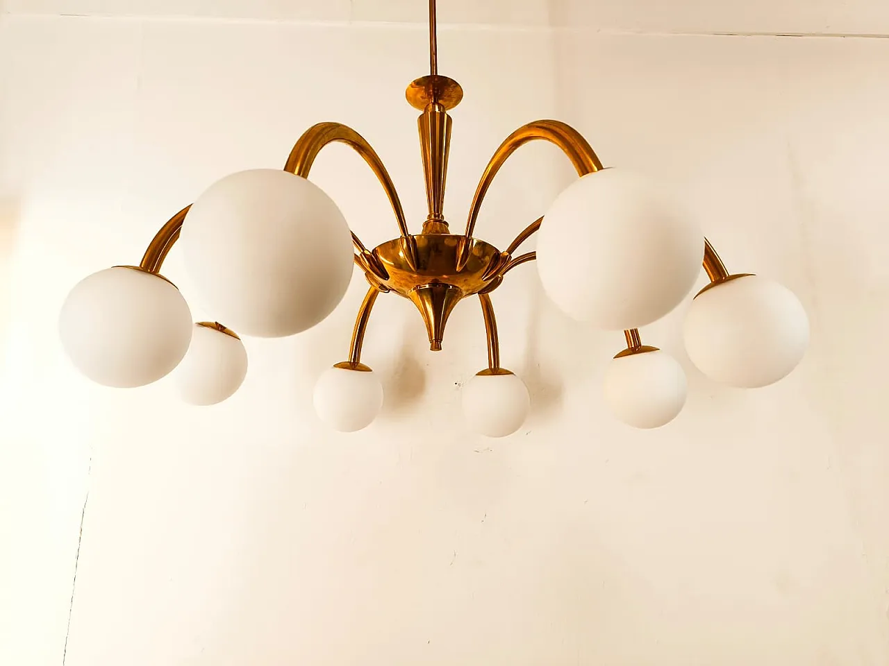 8-Light brass chandelier with glass spheres, 1960s 7