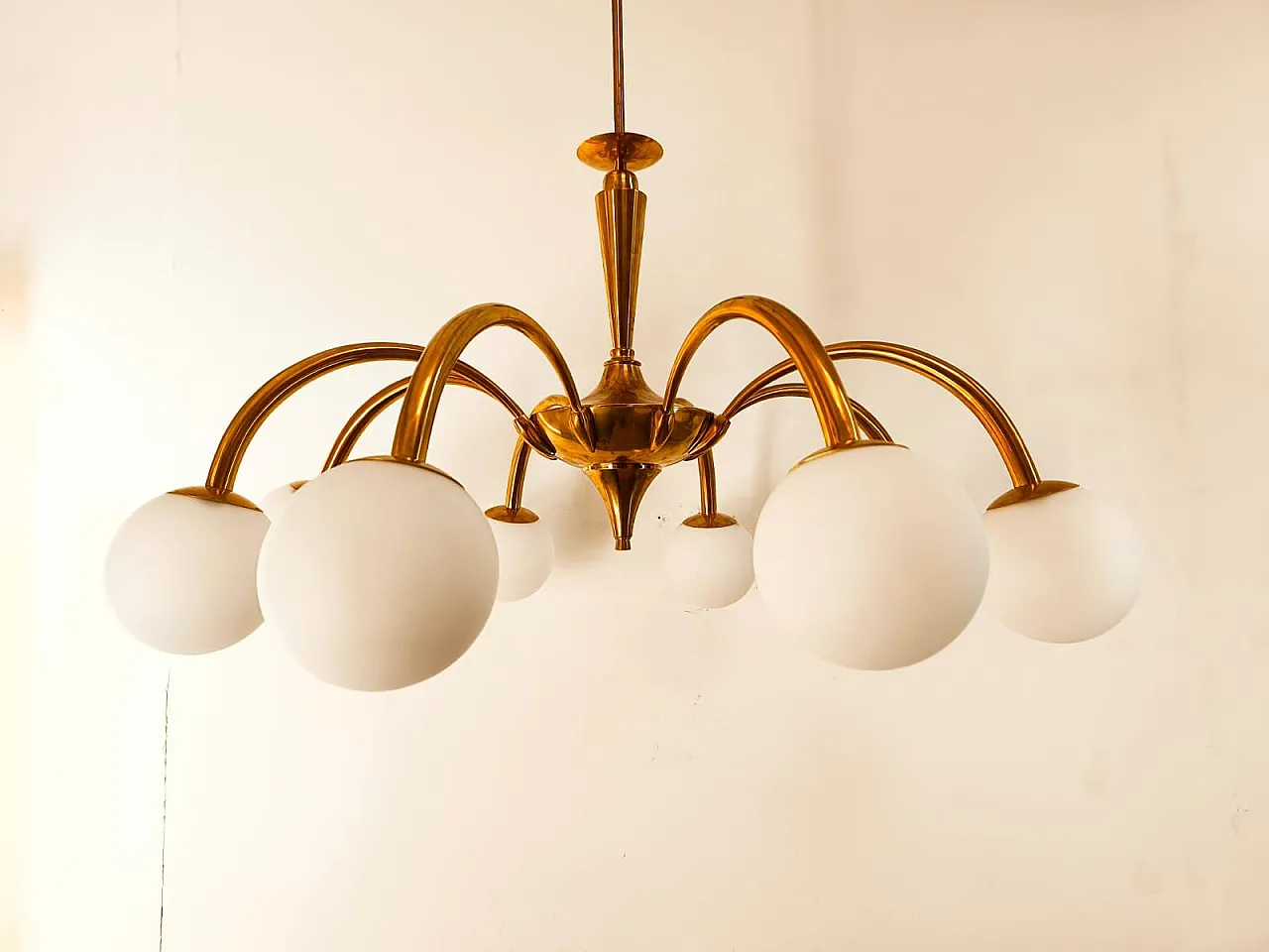 8-Light brass chandelier with glass spheres, 1960s 8