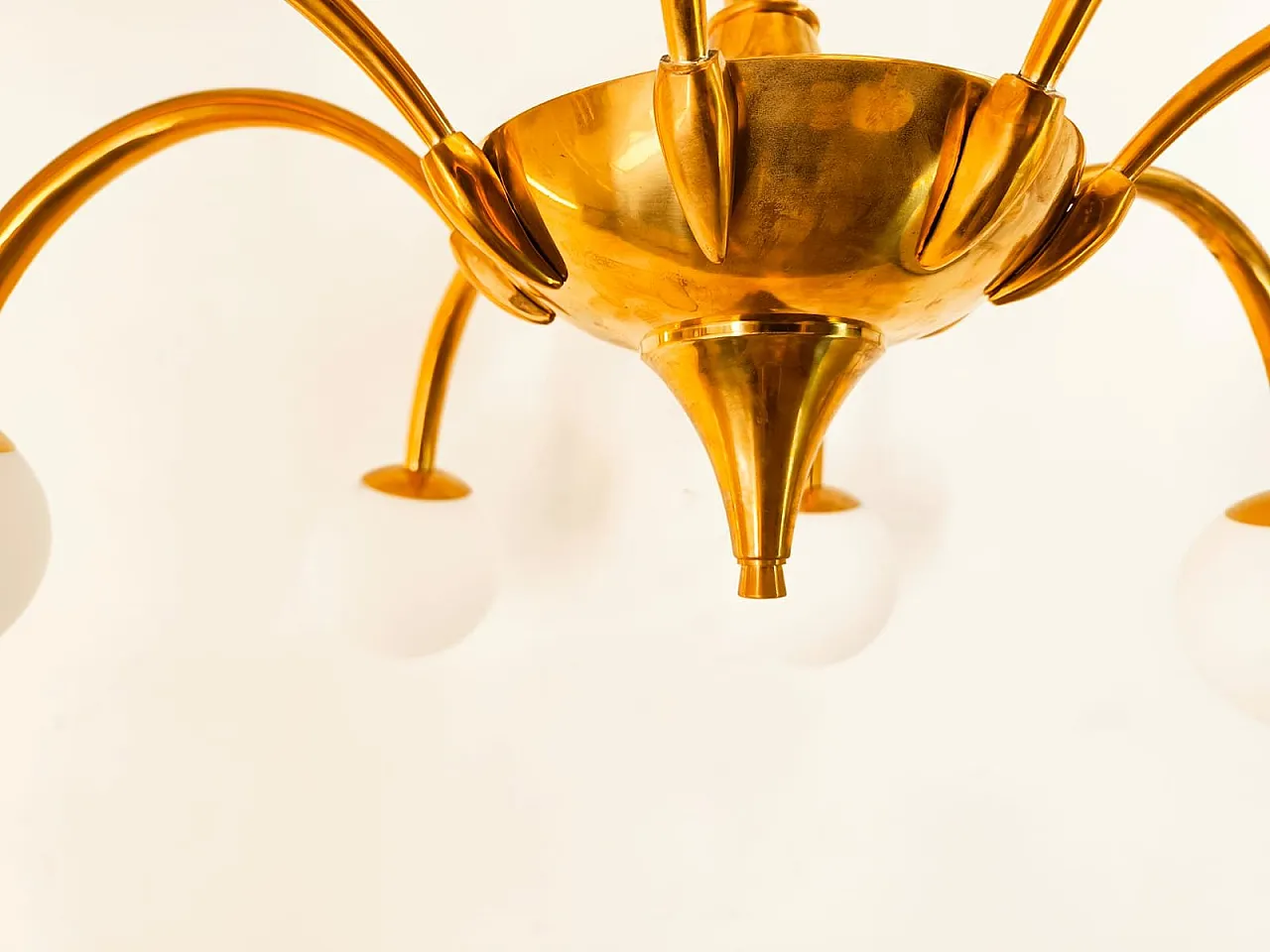 8-Light brass chandelier with glass spheres, 1960s 9