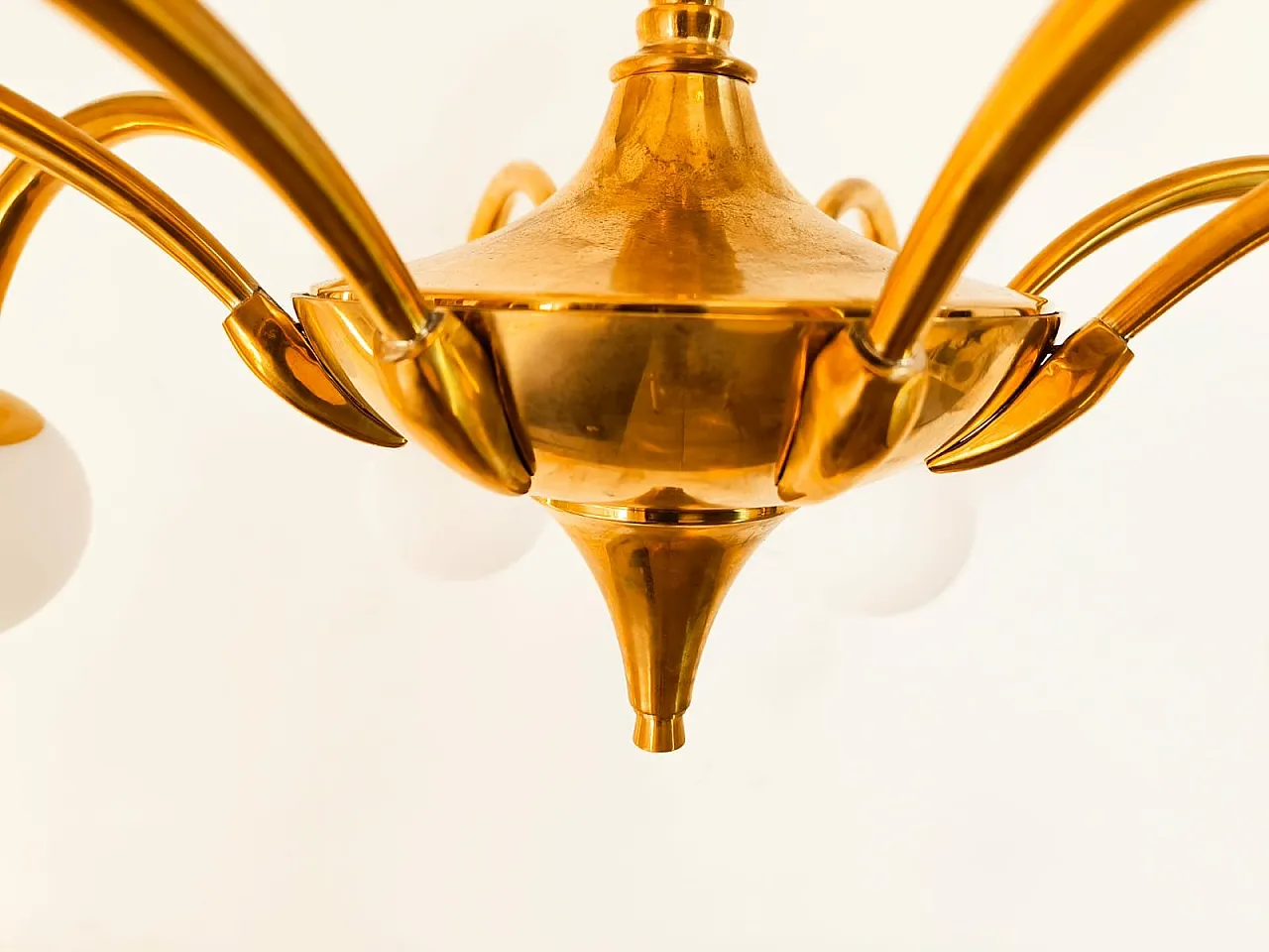 8-Light brass chandelier with glass spheres, 1960s 10