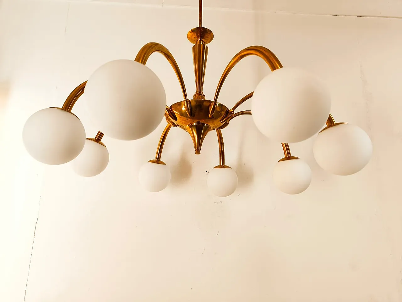 8-Light brass chandelier with glass spheres, 1960s 12