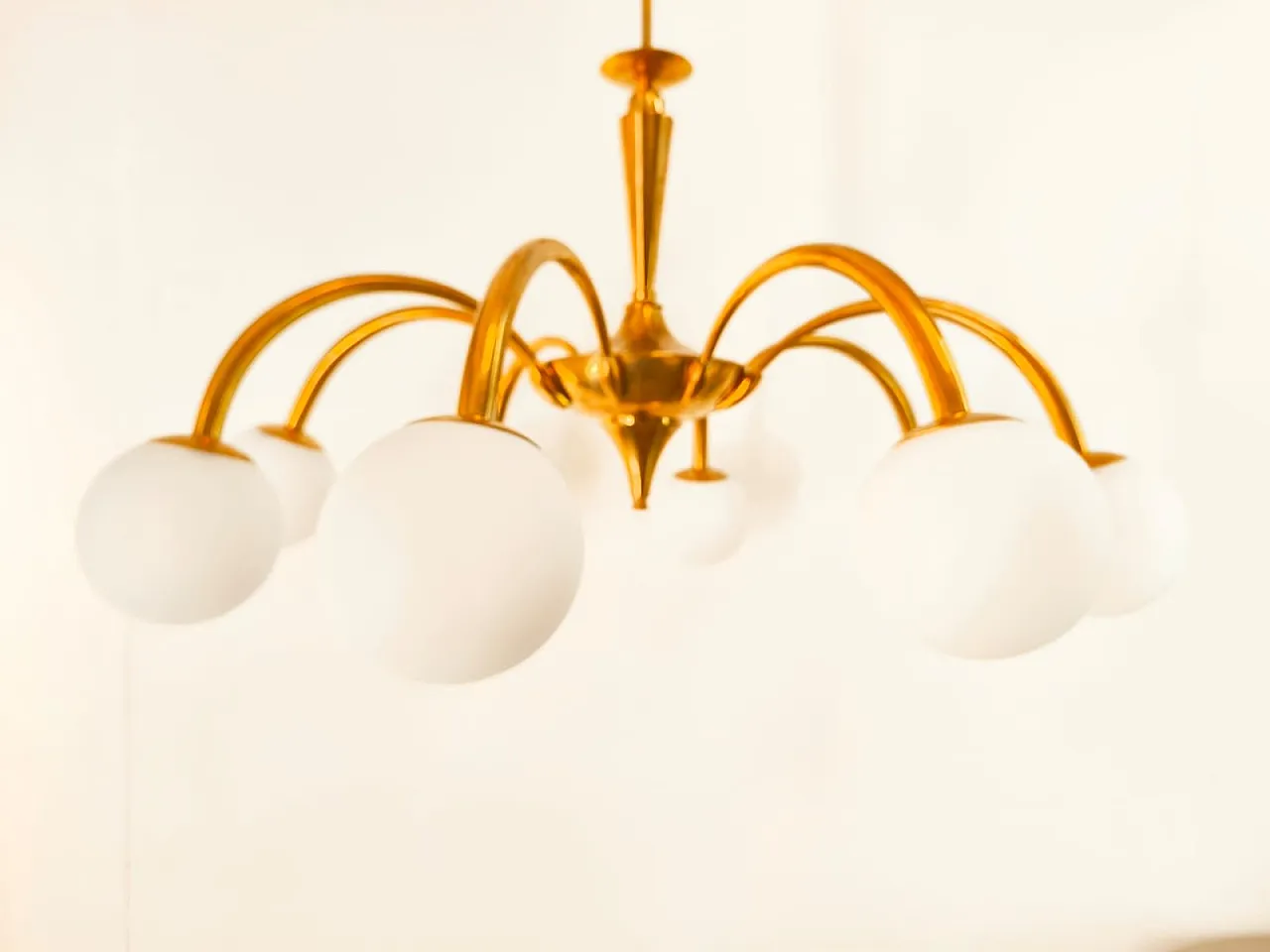 8-Light brass chandelier with glass spheres, 1960s 13