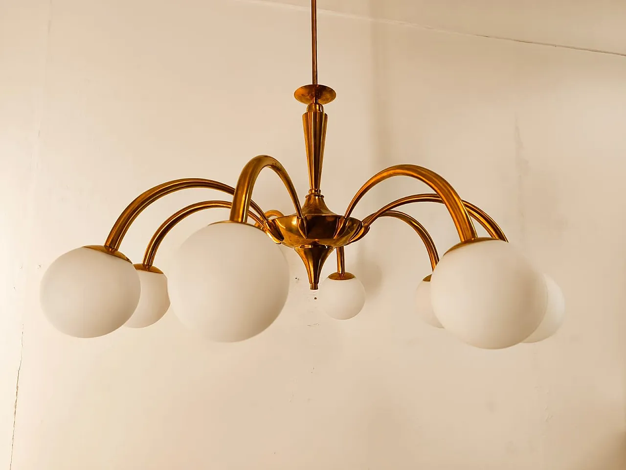 8-Light brass chandelier with glass spheres, 1960s 14