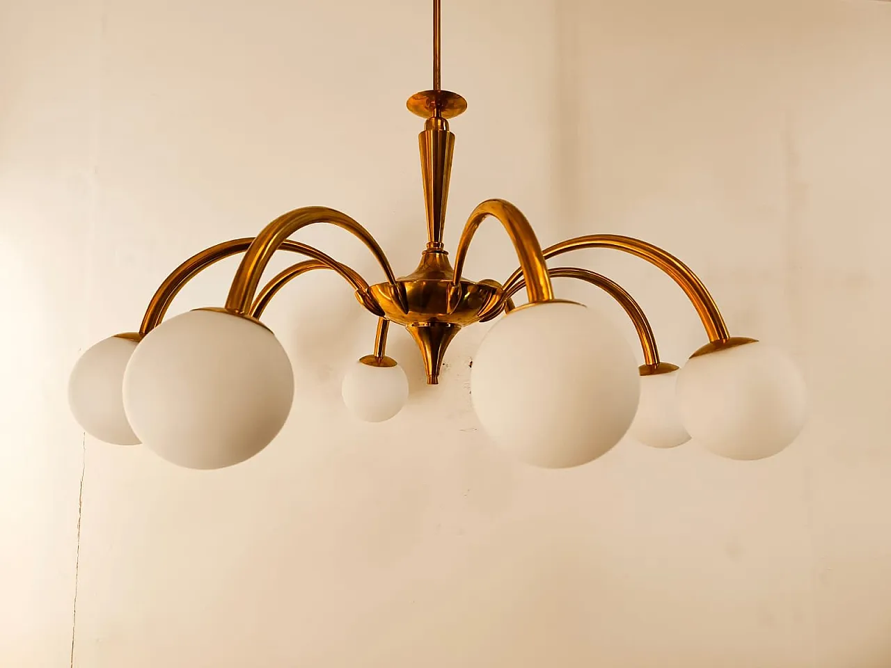 8-Light brass chandelier with glass spheres, 1960s 15