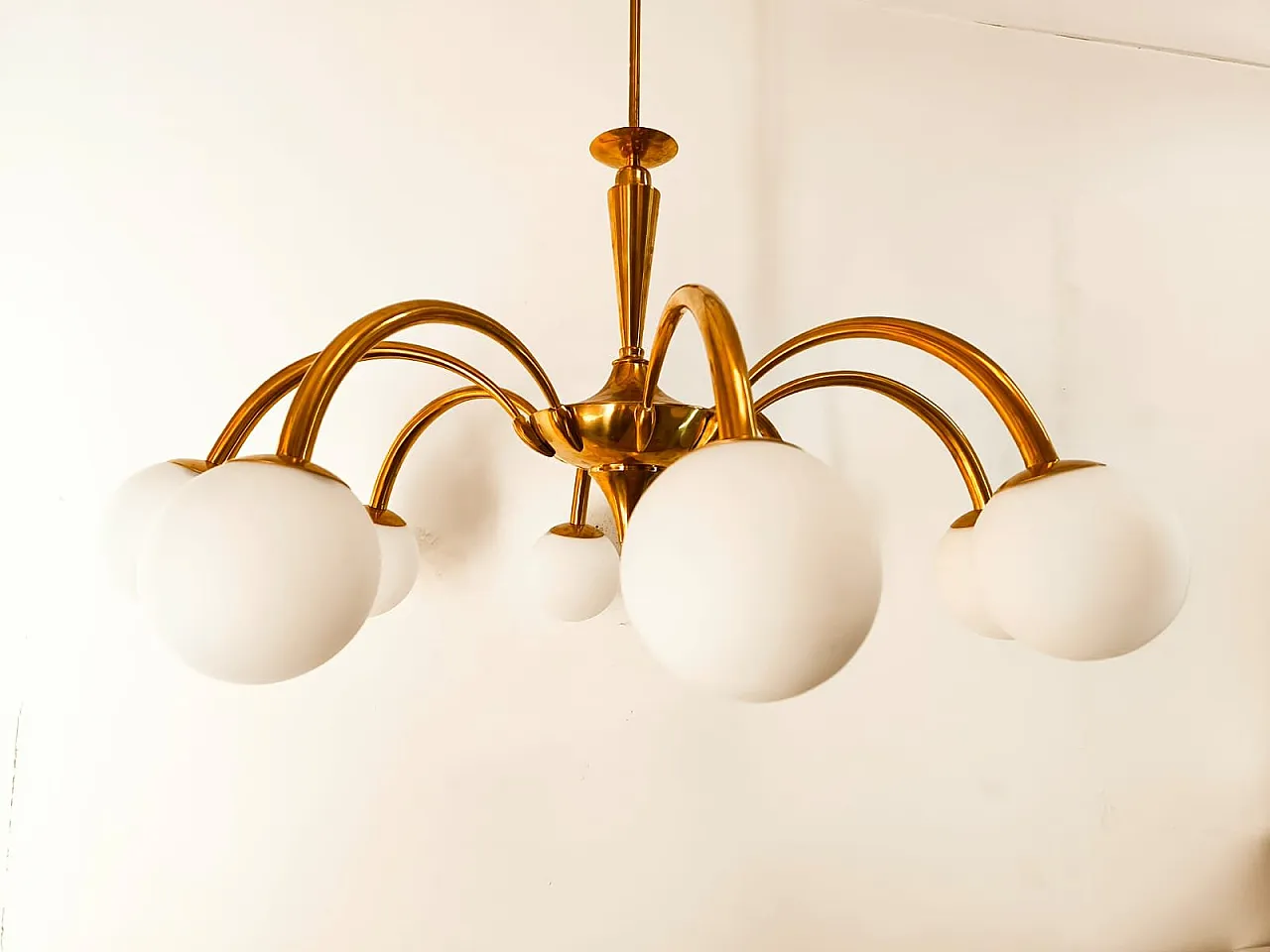 8-Light brass chandelier with glass spheres, 1960s 16