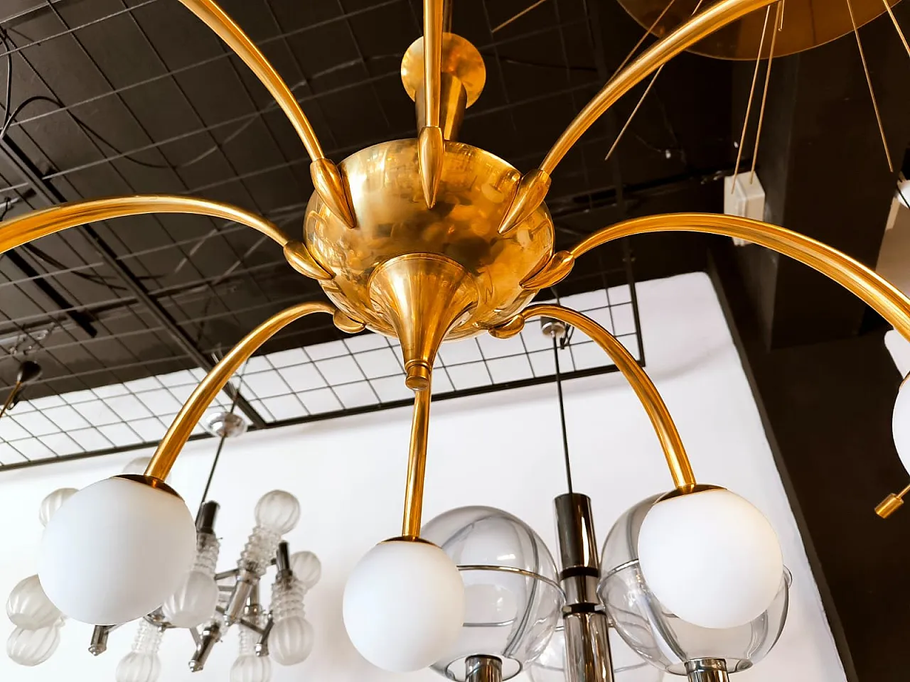 8-Light brass chandelier with glass spheres, 1960s 17