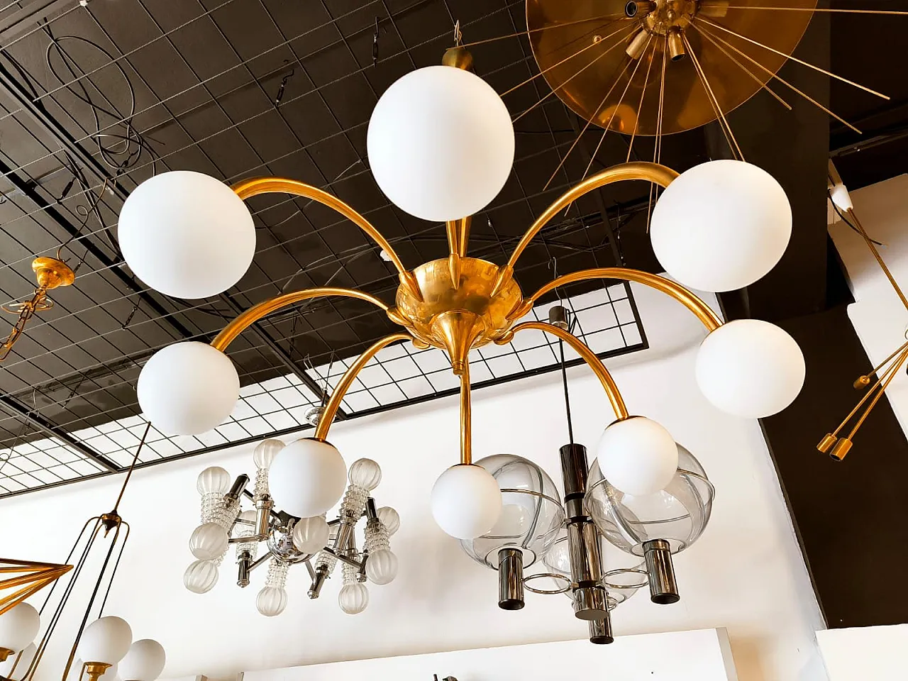 8-Light brass chandelier with glass spheres, 1960s 18