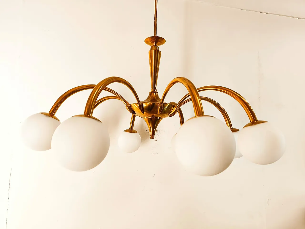 8-Light brass chandelier with glass spheres, 1960s 19