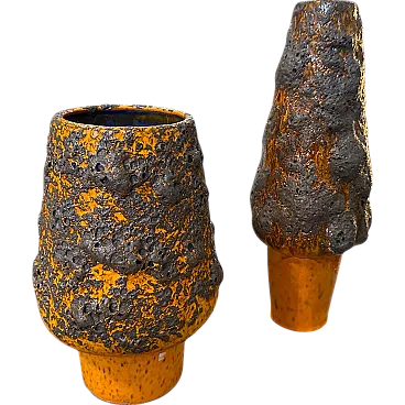 Pair of orange and black lava ceramic vases, 1980s