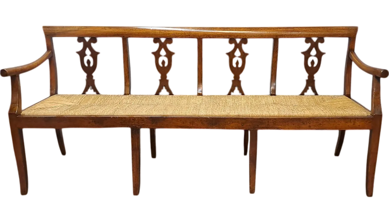 Large Emilian walnut bench with straw seat, 19th century 11