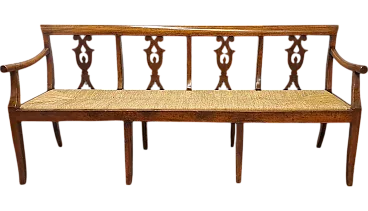 Large Emilian walnut bench with straw seat, 19th century