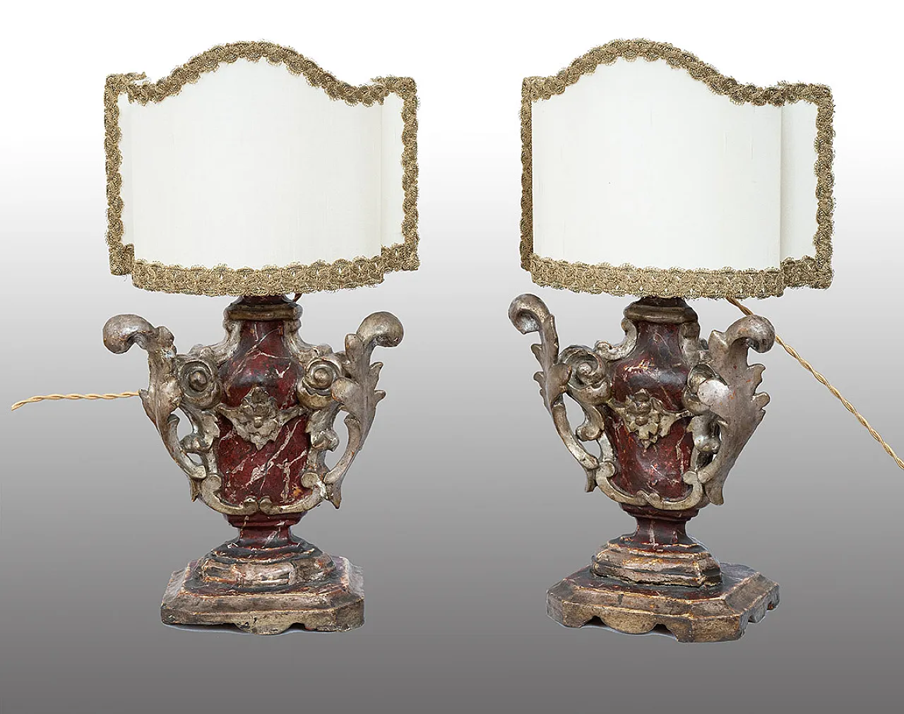 Pair of ancient Louis XIV lamps in silver and mixture with lacquering 1