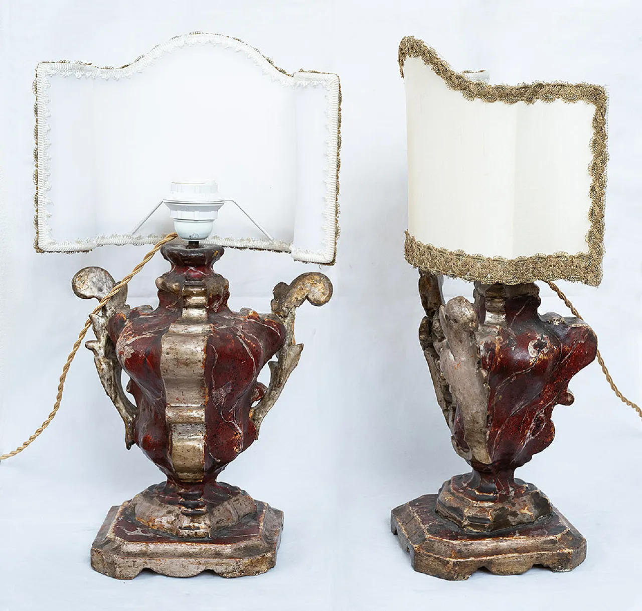 Pair of ancient Louis XIV lamps in silver and mixture with lacquering 4