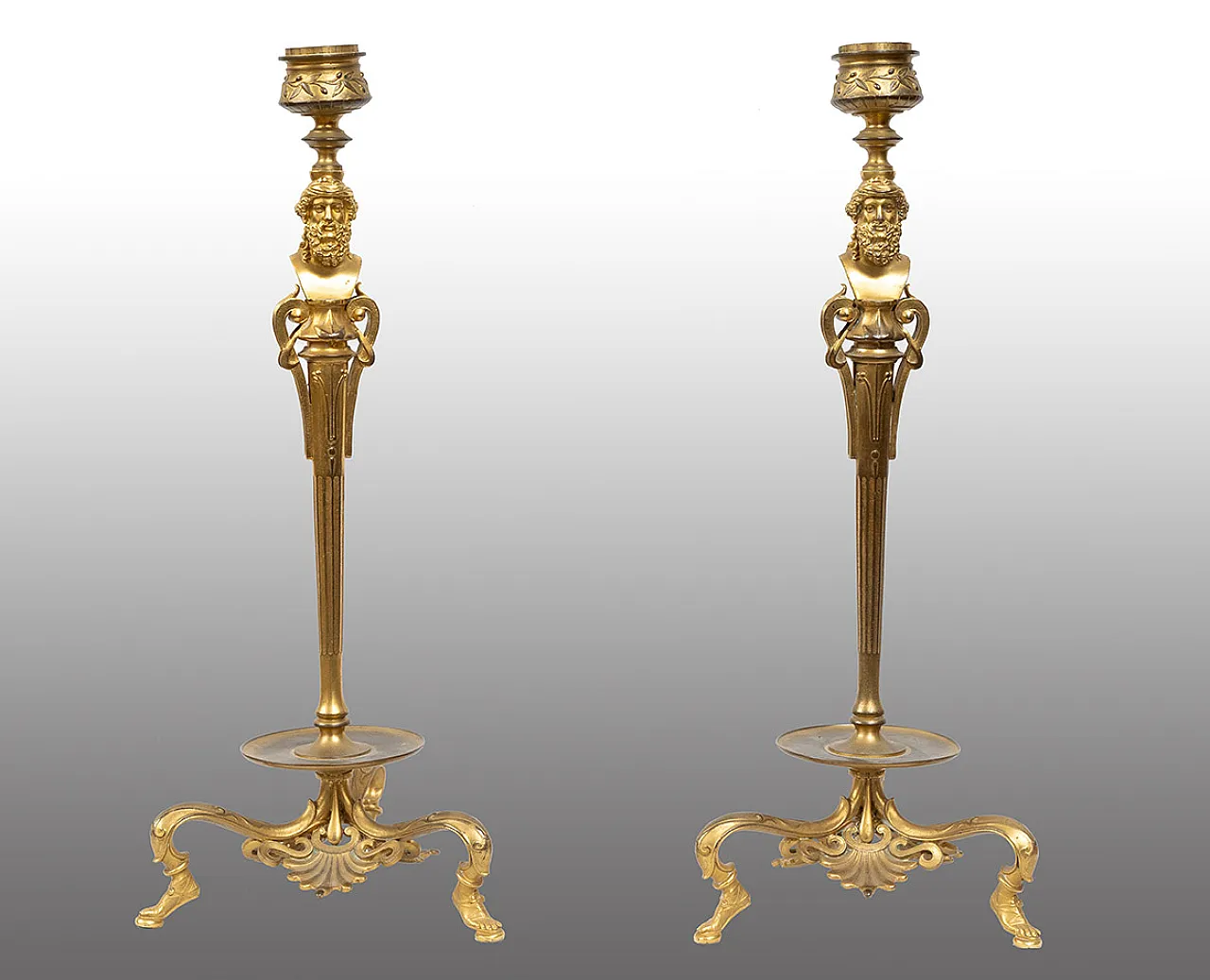 Pair of gilded bronze French candlesticks signed Barbedienne, 19th c. 1