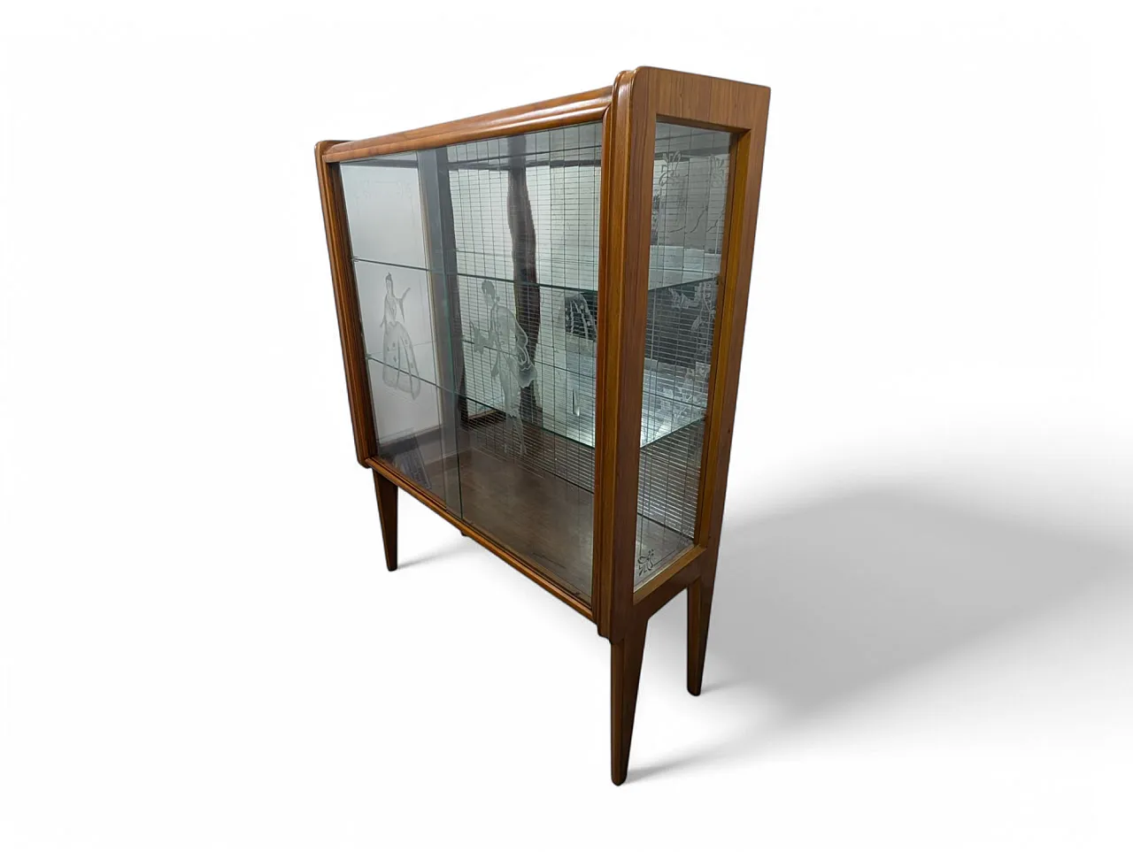 Mirrored bar cabinet in walnut and engraved glass, 1950s 2