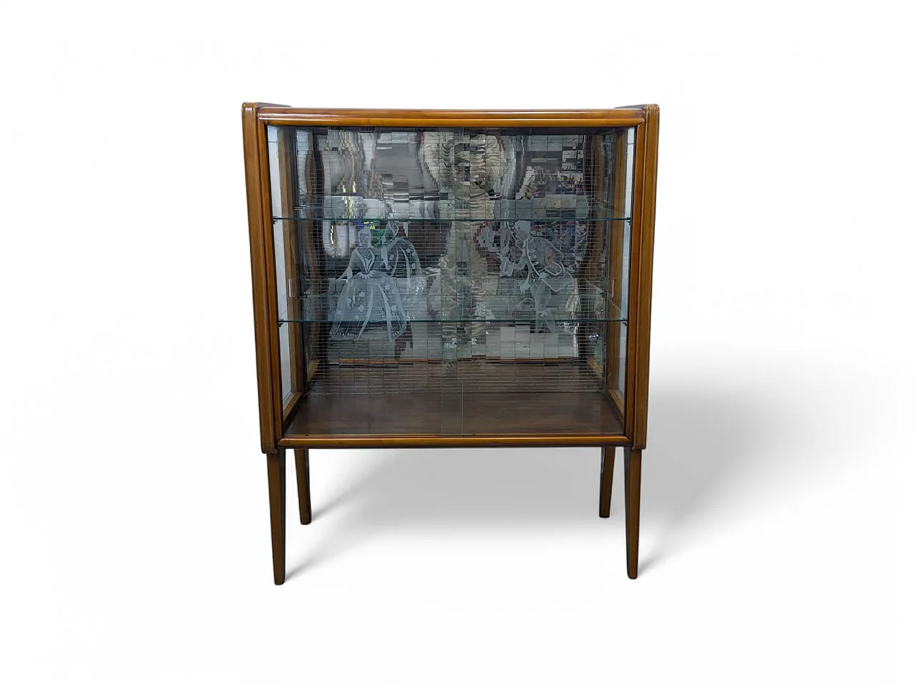 Mirrored bar cabinet in walnut and engraved glass, 1950s 3