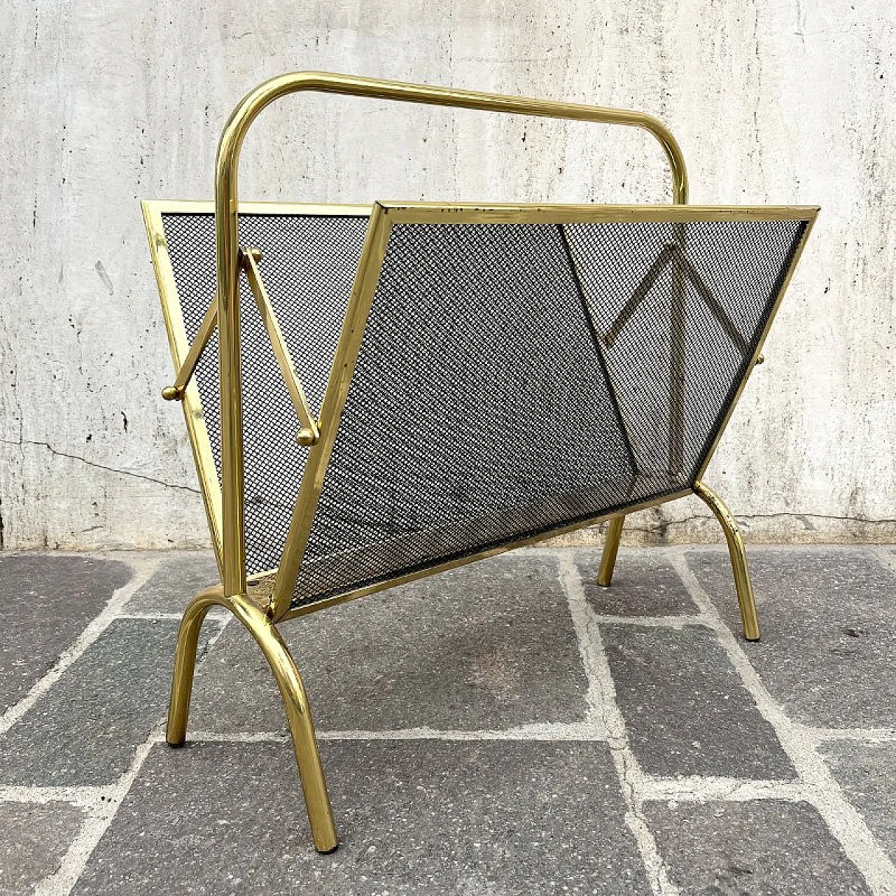 Gilded Iron Magazine Rack with Net, Italy, 1960s 1