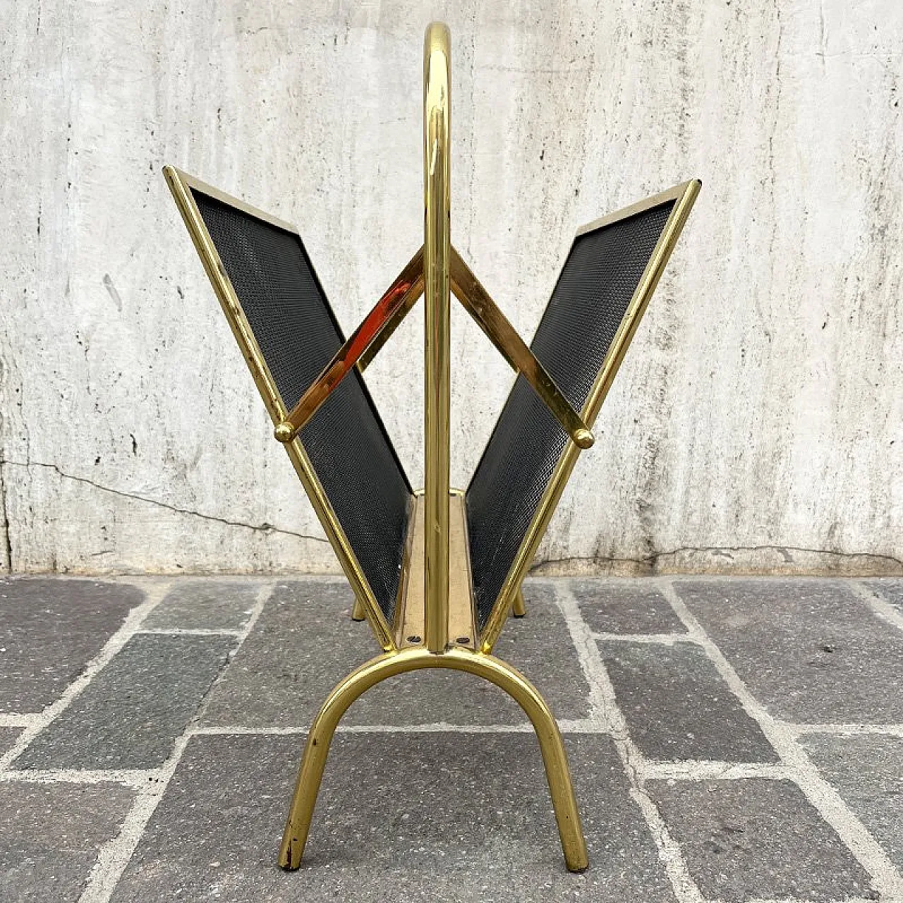 Gilded Iron Magazine Rack with Net, Italy, 1960s 4