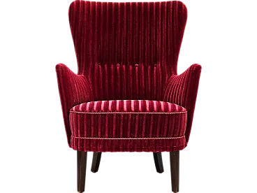 Danish armchair in cherry-red velour, 60s