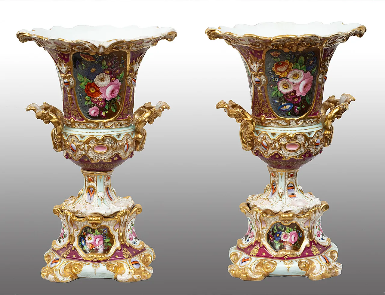 Louis Philippe Old Paris polycromed porcelain vases, 19th century 1