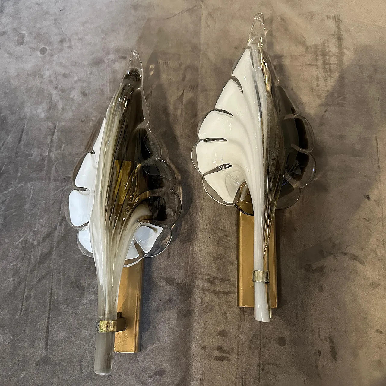 Pair of Murano glass leaf wall sconces by Franco Luce, 1970s 15