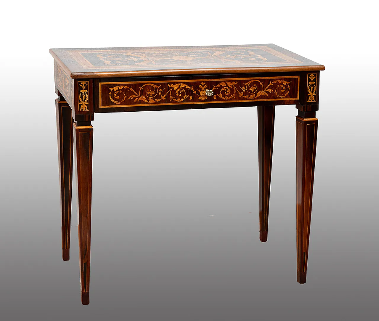 Lombard Louis XVI writing table in precious exotic woods, 18th century 1