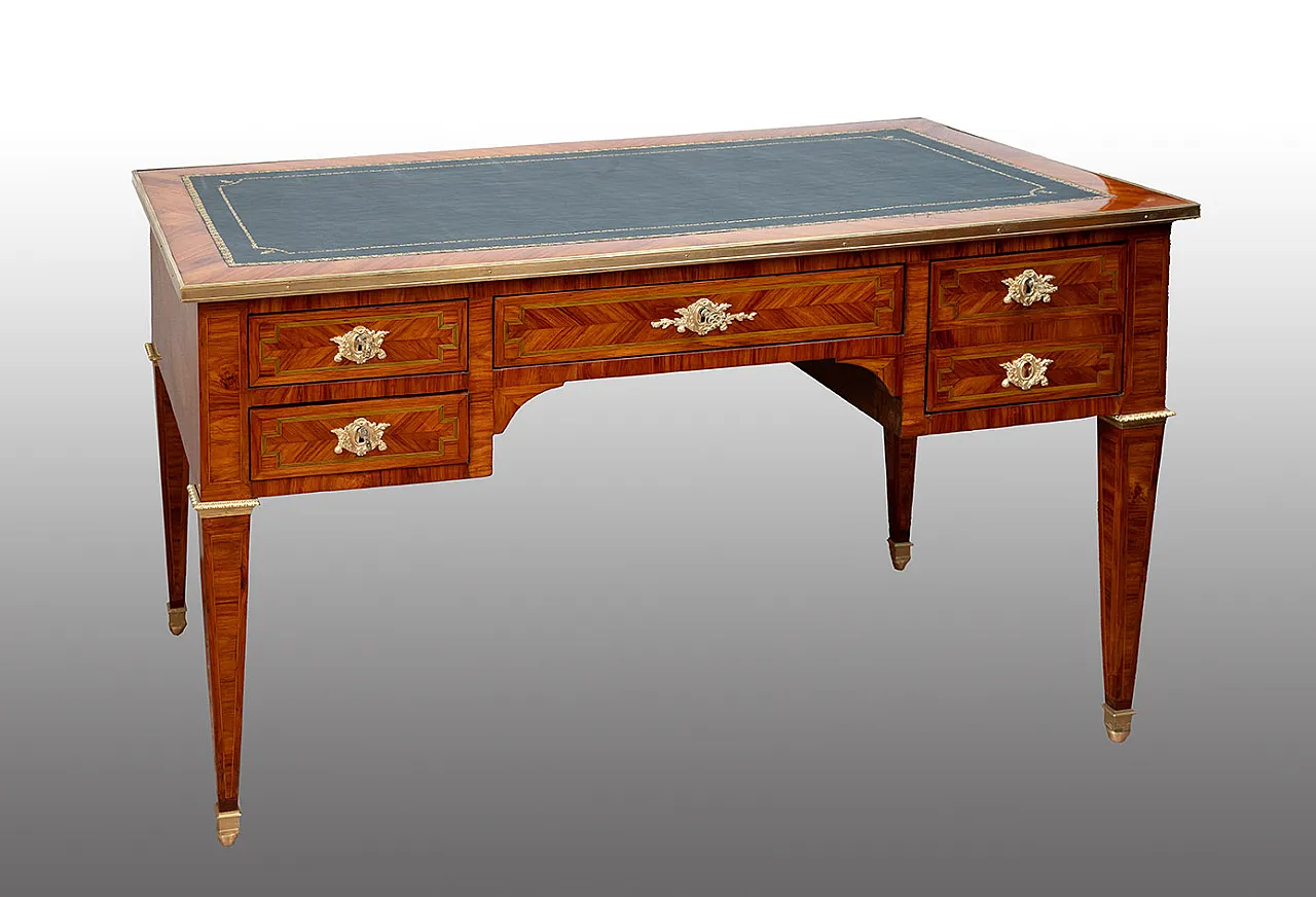 French desk in inlaid exotic woods with leather top, 19th century 1