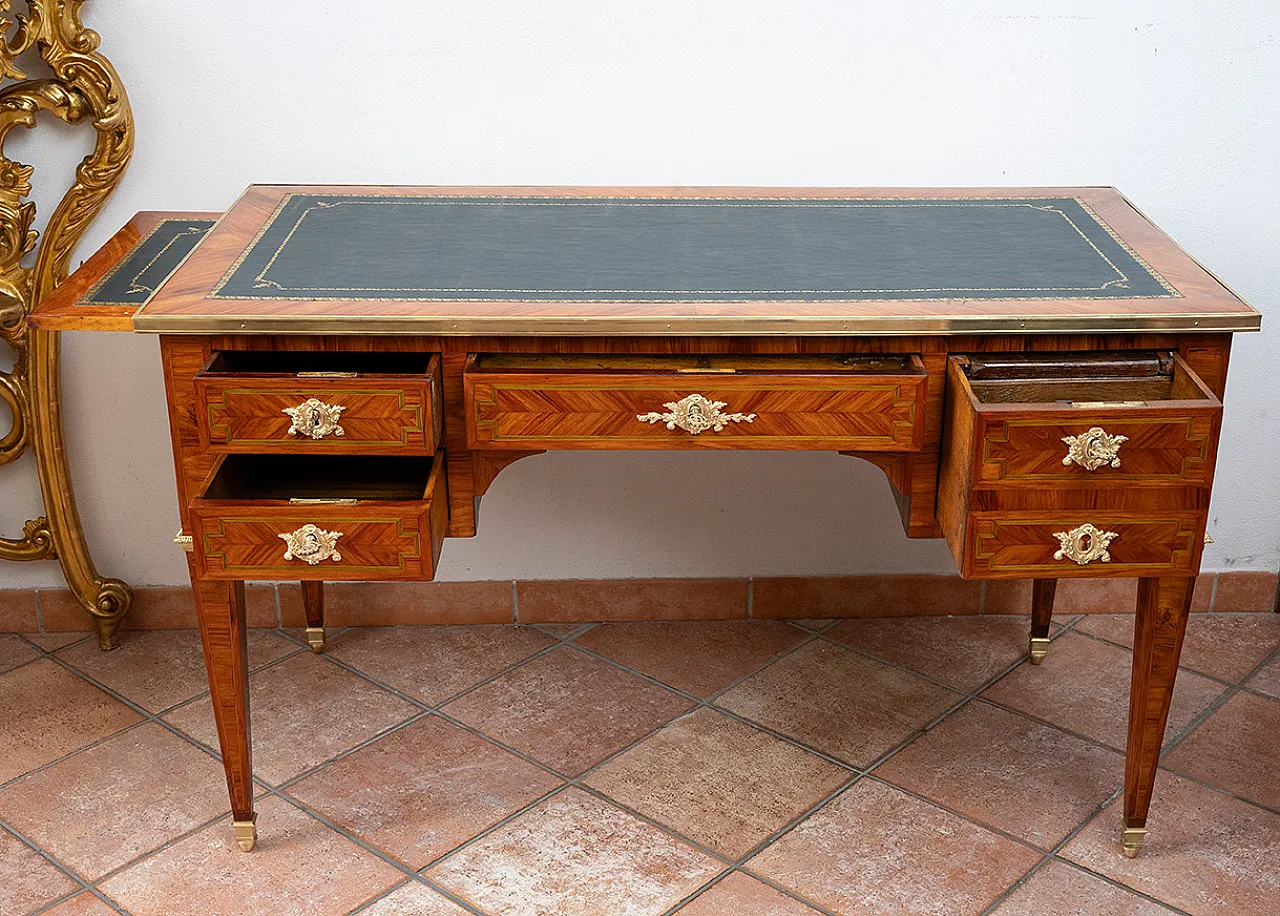 French desk in inlaid exotic woods with leather top, 19th century 4