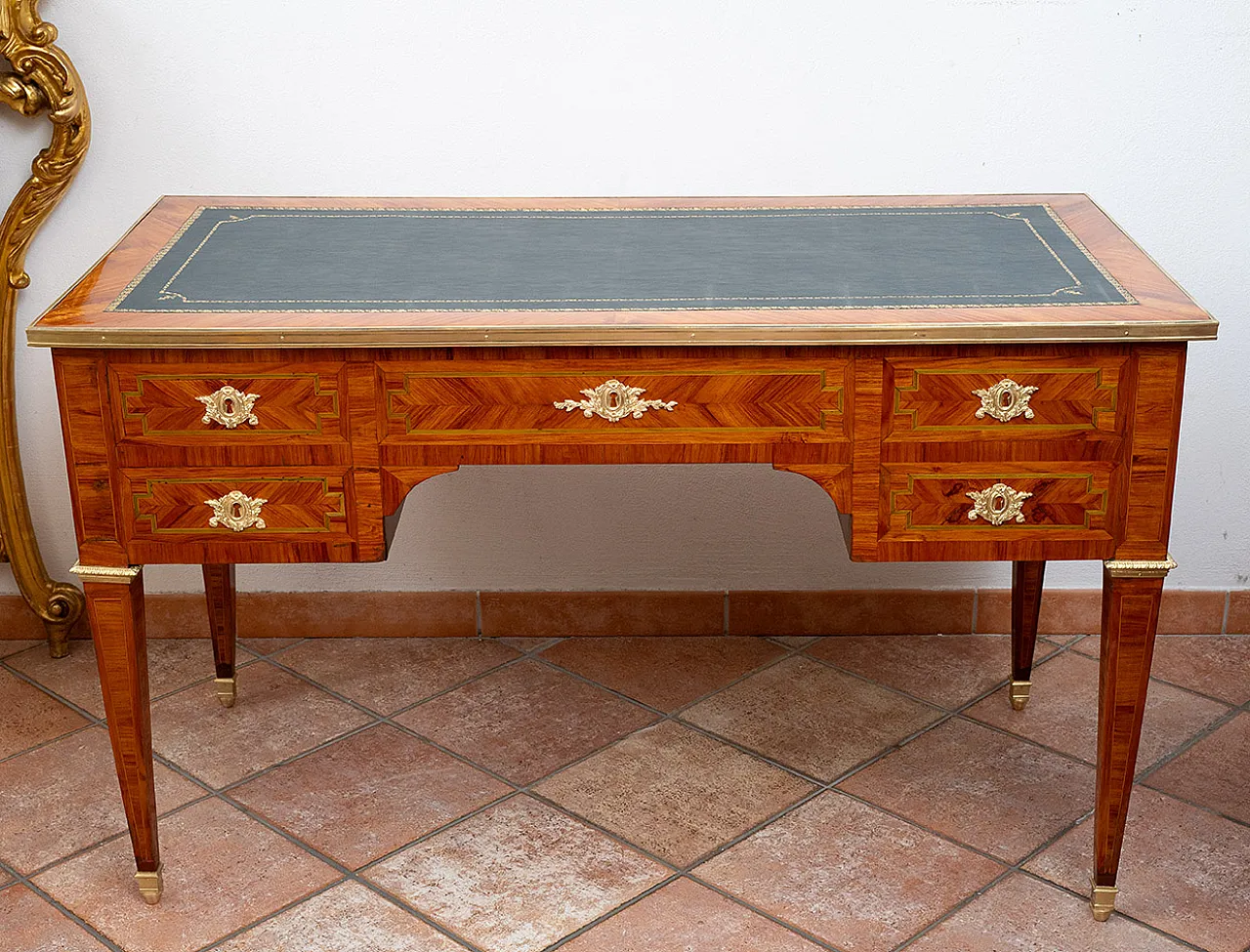 French desk in inlaid exotic woods with leather top, 19th century 5