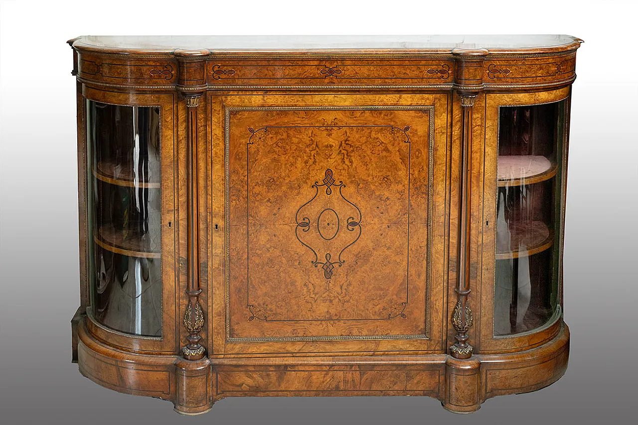 Victorian glass sideboard in walnut with inlays, 19th century 1