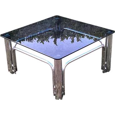 Living room table in smoked glass and steel, 70s