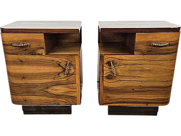 Pair of Decò bedside tables in briar and brass, 40s