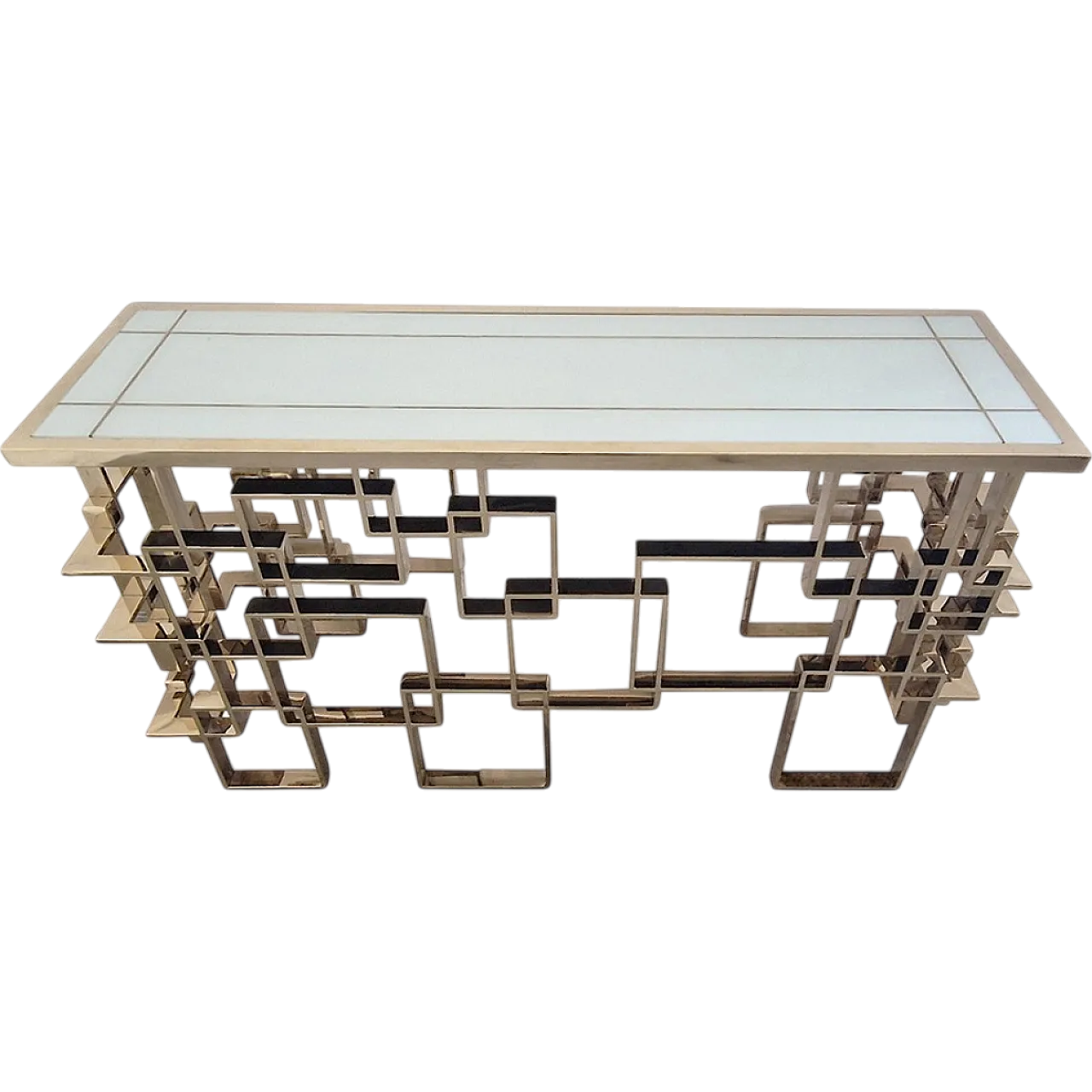 Bifacceral console in chromium-gold steel and Murano Bia glass top 11