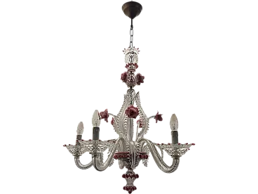 Venetian Murano Glass Clear Pink Chandelier, 1960s